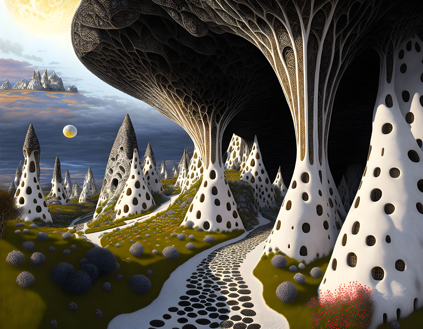 Surreal landscape with mushroom-like structures and mountain view