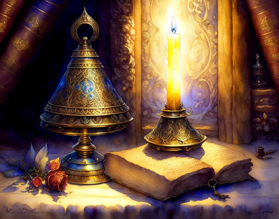 Ornate candle, book, bell, rose petals on warm-toned backdrop