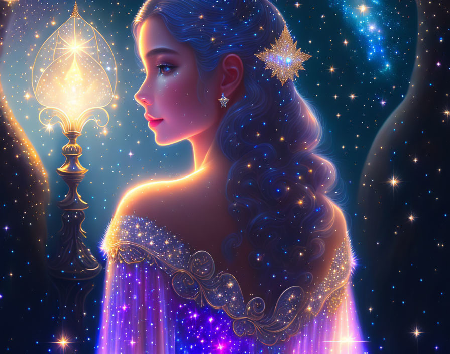 Starry Woman Illustration with Cosmic Background