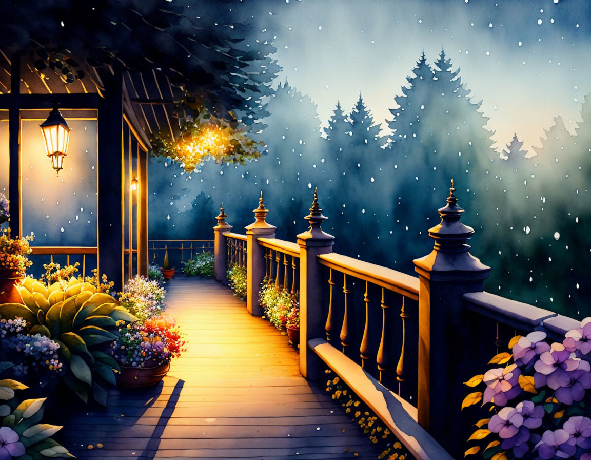 Tranquil evening scene on a wooden porch with starlit sky