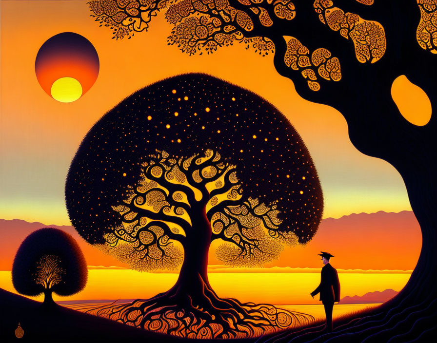 Surreal sunset landscape with silhouette person and stylized trees