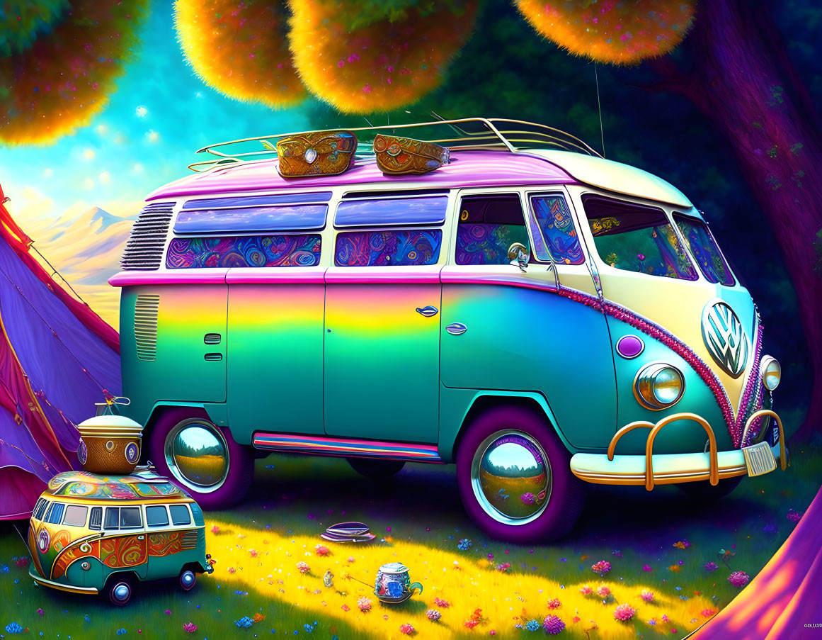 Colorful VW Bus Illustration in Psychedelic Forest Setting