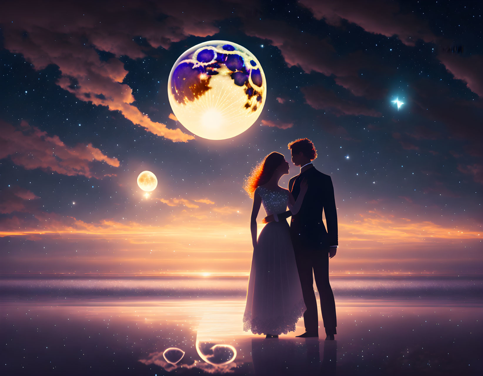 Couple Embraces Under Surreal Sky with Oversized Planets