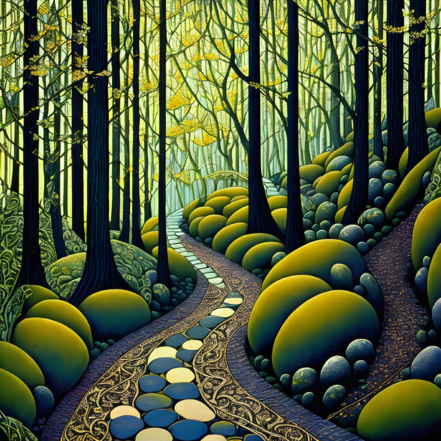 Vibrant forest scene with winding path and unique foliage patterns