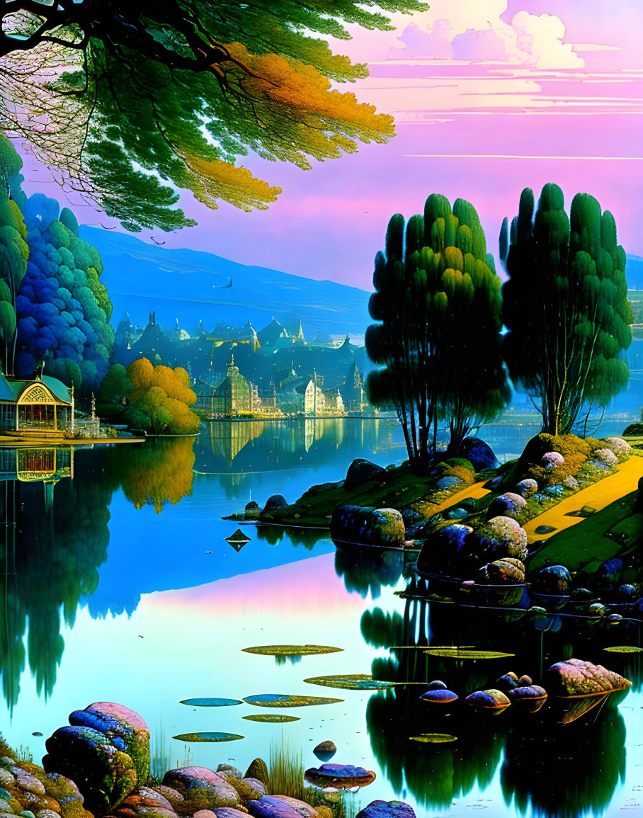 Colorful trees and serene lake in vibrant landscape