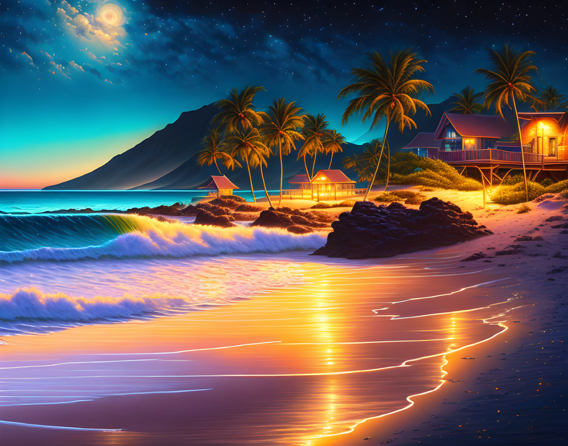 Tropical beach night scene with illuminated houses and palm trees