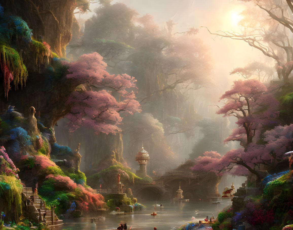 Tranquil river and pink blossoms in enchanted forest scene