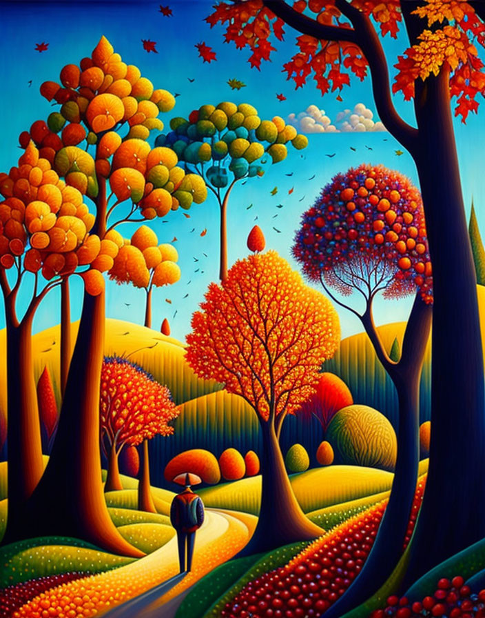 Colorful Autumn Landscape Painting with Stylized Trees and Figure