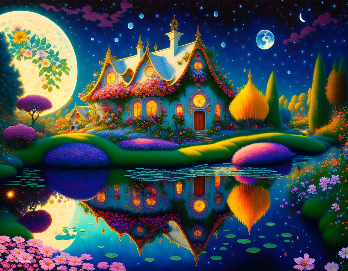 Enchanting night scene of vibrant fairytale cottage and colorful gardens