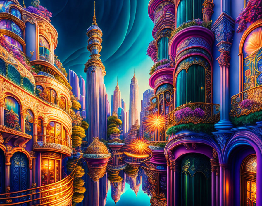 Fantasy cityscape with ornate buildings and teal sky