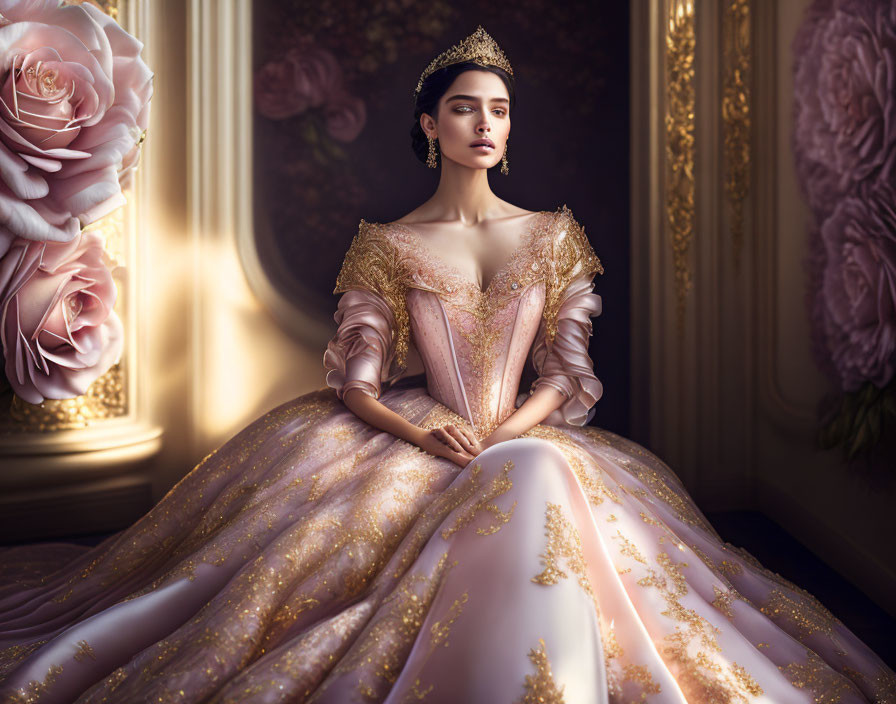 Elegantly dressed woman in gold and pink gown with tiara in luxurious room