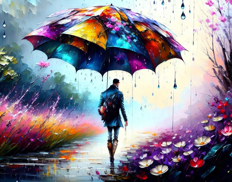 Colorful umbrella person walking on wet path in impressionist-style painting