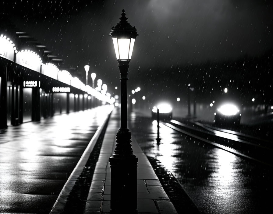 Night scene: wet platform with street lamps reflecting on glossy ground, hinting at train station.