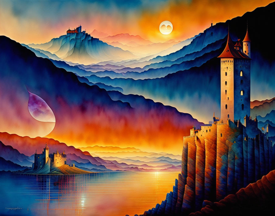 Vibrant fantasy landscape with purple and orange mountains, moon, castles, and serene water.