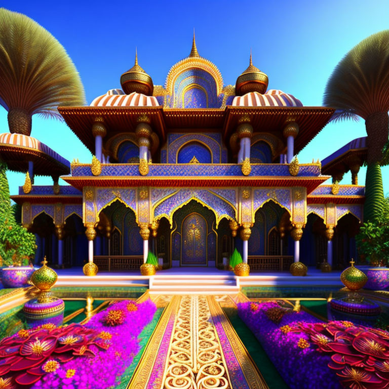 Fantasy palace with golden domes, blue archways, lush gardens