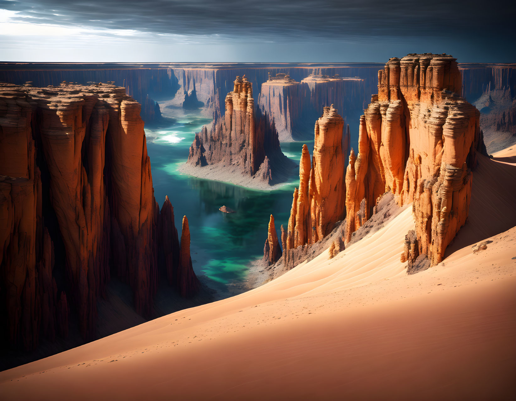 Majestic desert canyon with towering sandstone pillars and serpentine river