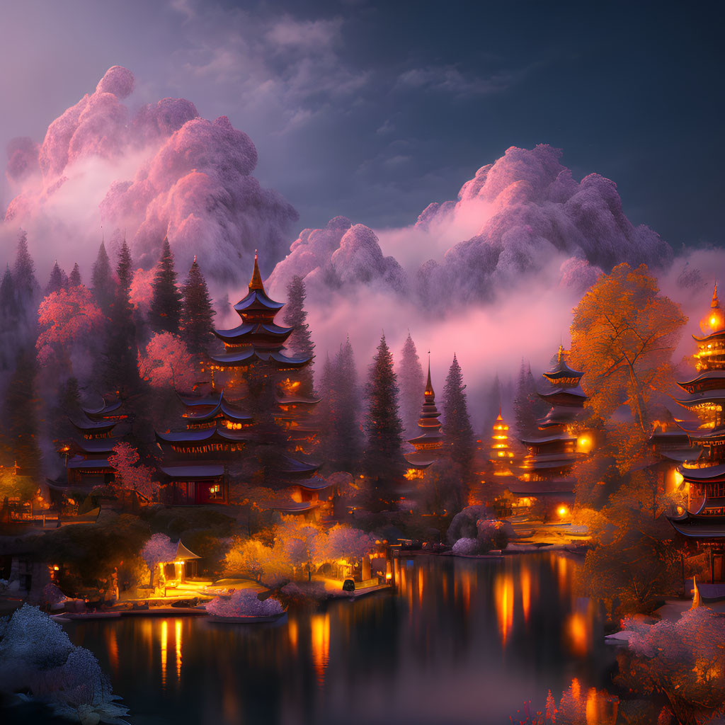 Traditional Asian pagodas illuminated at night beside a serene lake with pink cloud backdrop