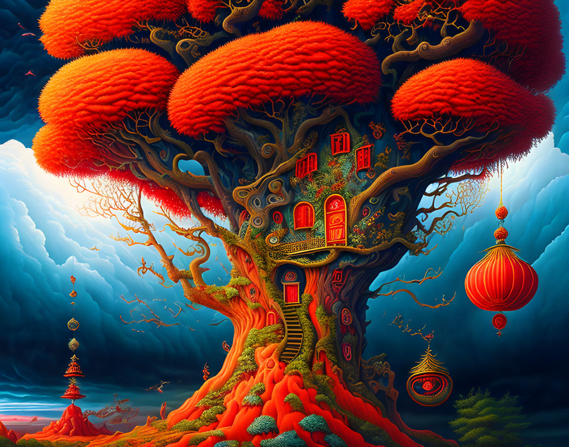 Illustration of giant tree with red foliage and houses against blue sky with red lanterns