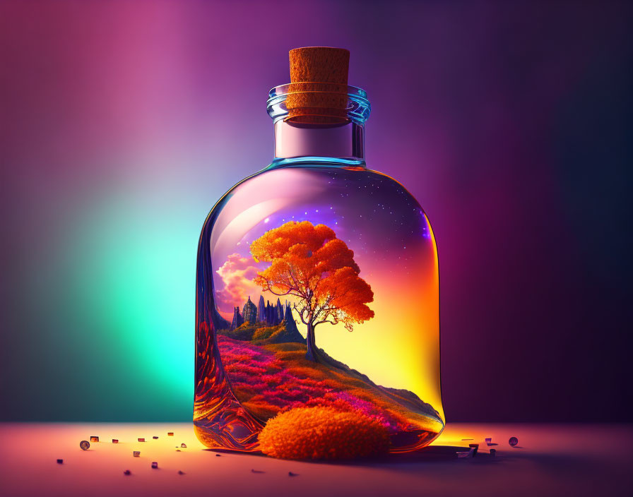 Colorful Fantasy Landscape Flask with Cork Stopper