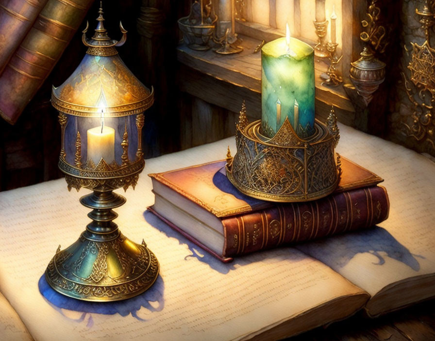 Ornate lantern, candle, open book, golden crown on wooden desk