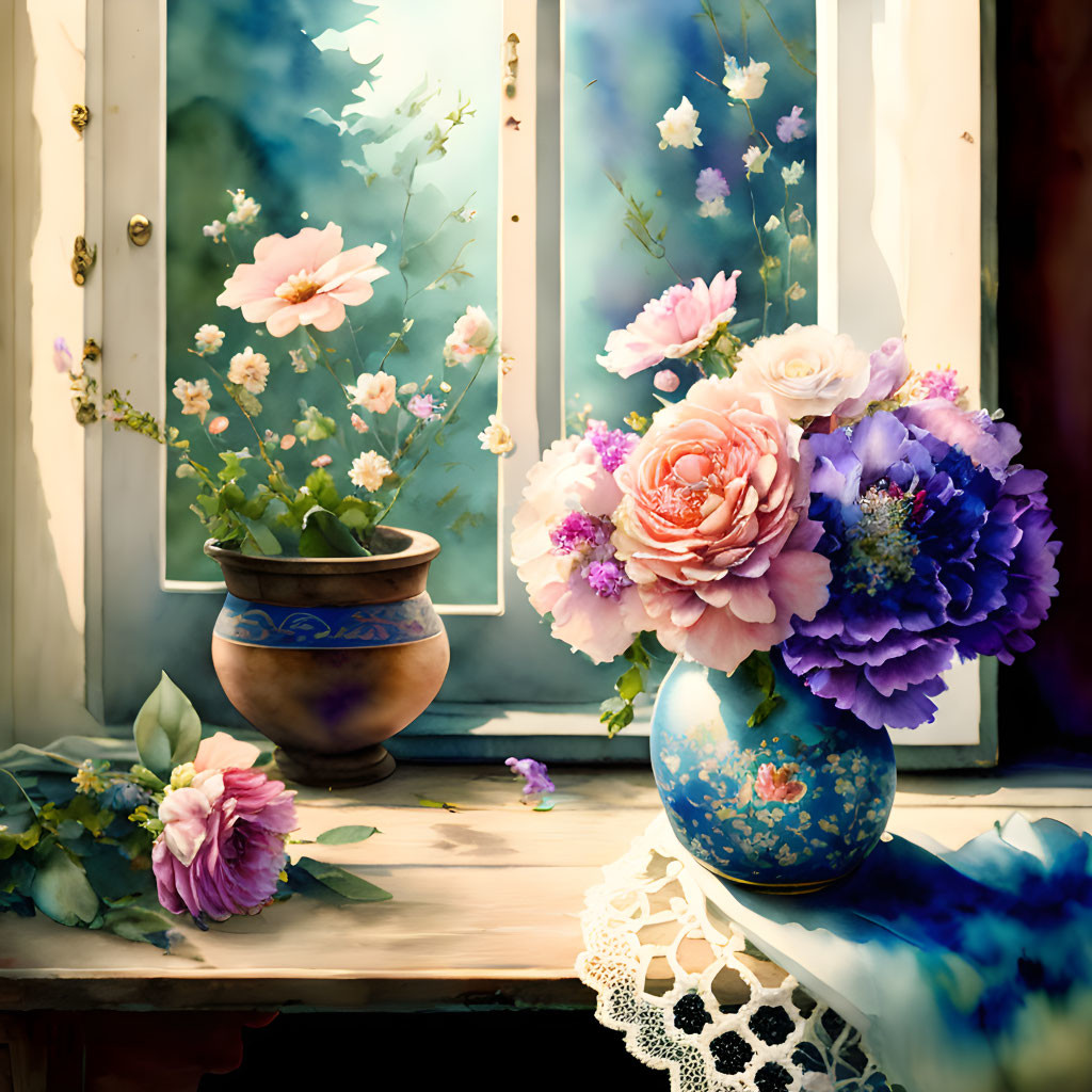 Colorful bouquet of flowers in blue vase by window with outdoor floral backdrop