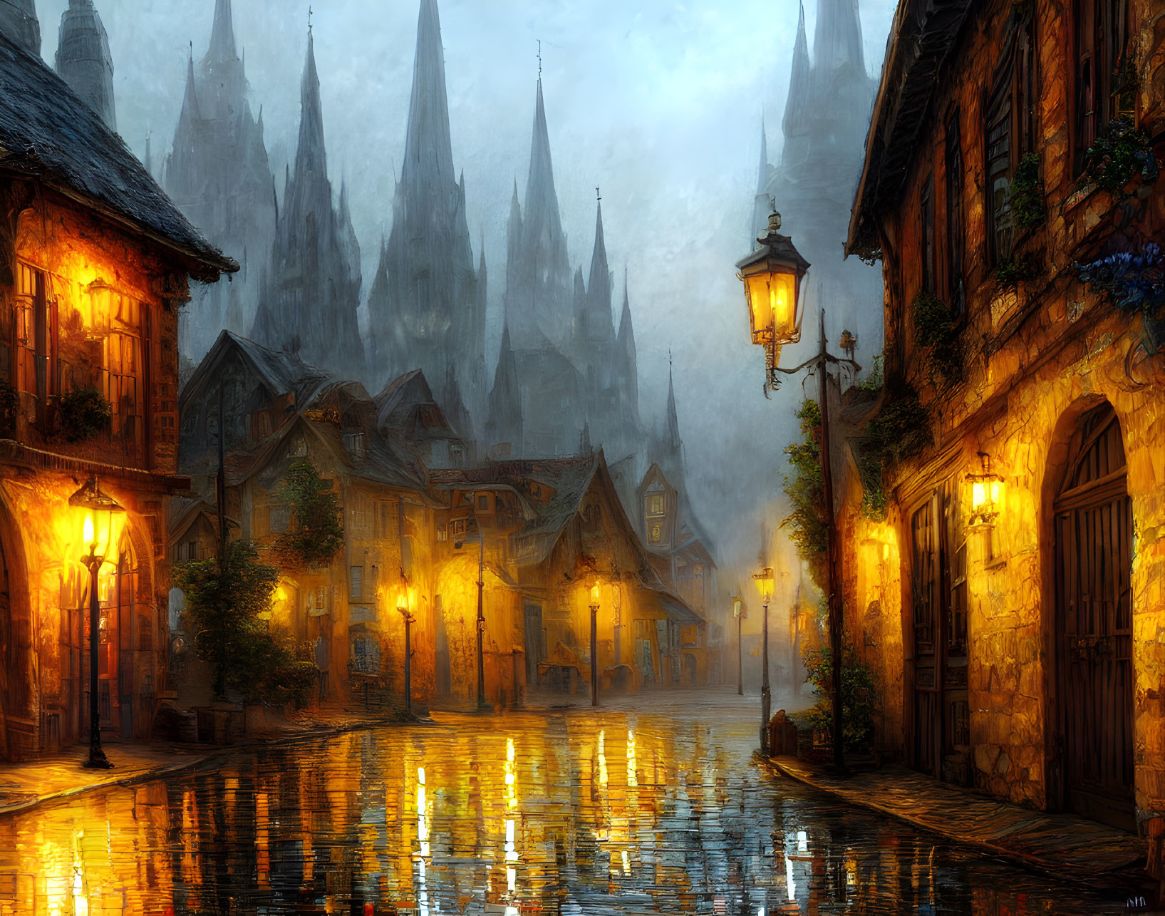 Misty cobblestone street with lanterns and shadowy spires