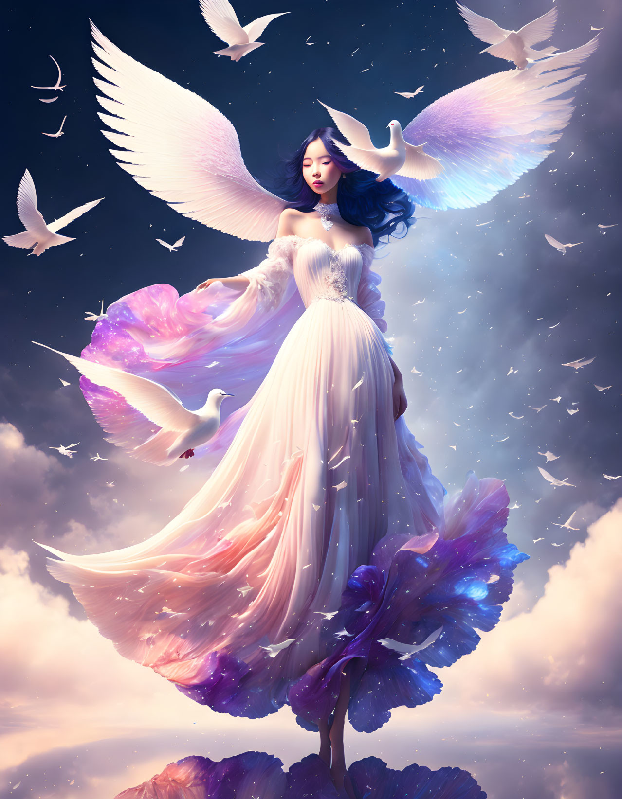 Ethereal woman with wings surrounded by doves at twilight