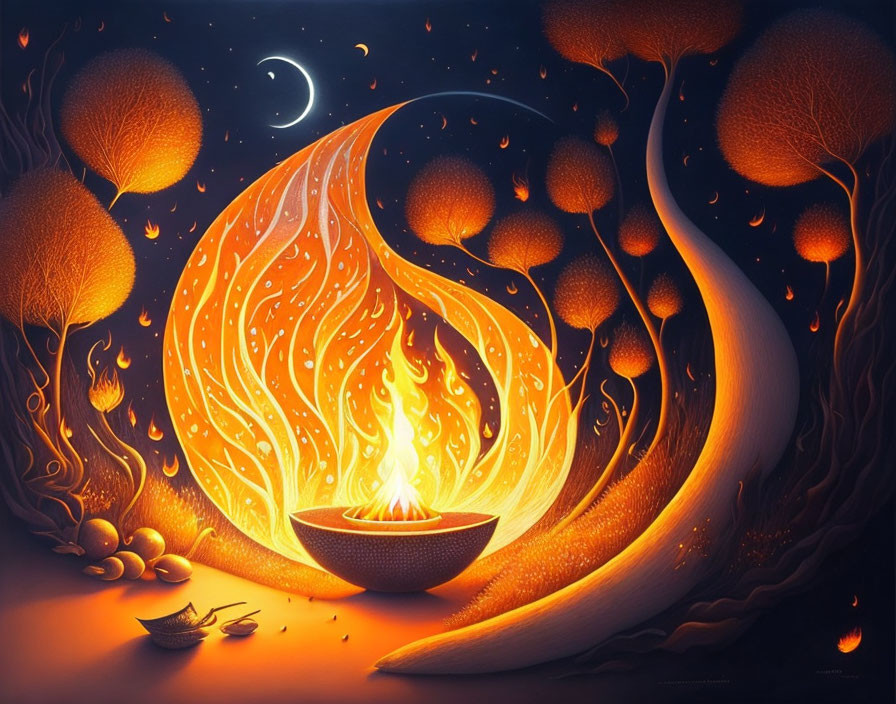 Surreal artwork with luminous flame in bowl, glowing trees, crescent moon