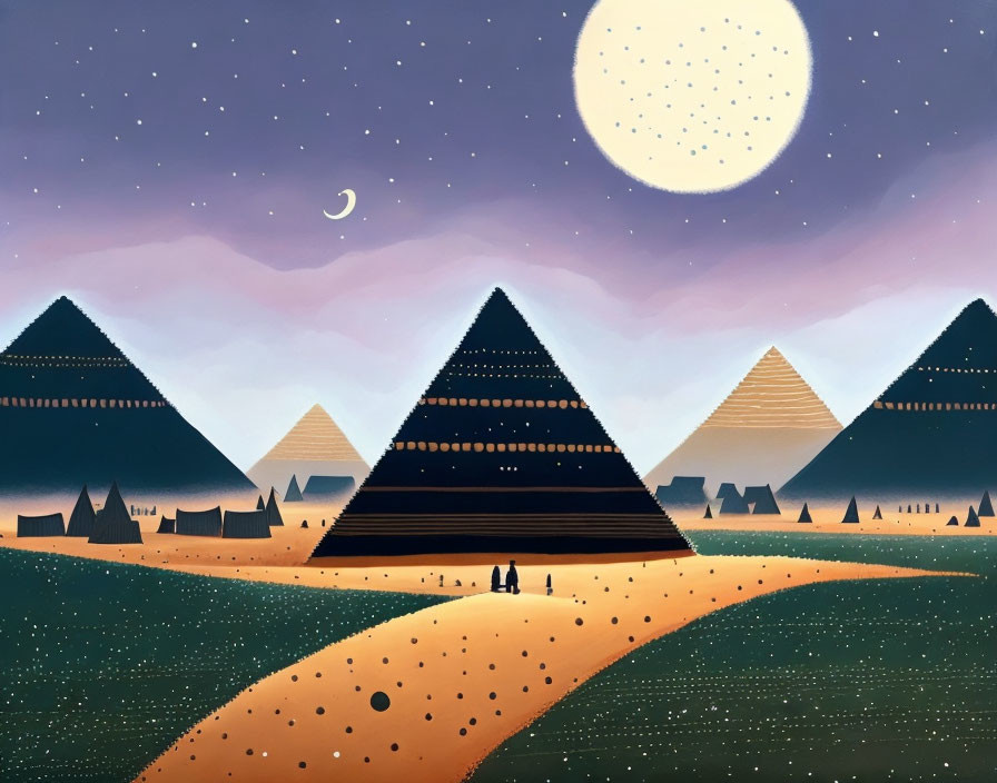 Desert night scene with pyramids, moon, stars, and figures