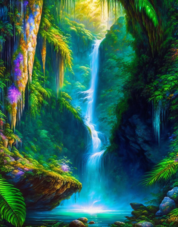 Digital artwork: Waterfall cascading into tranquil pool with lush green vegetation