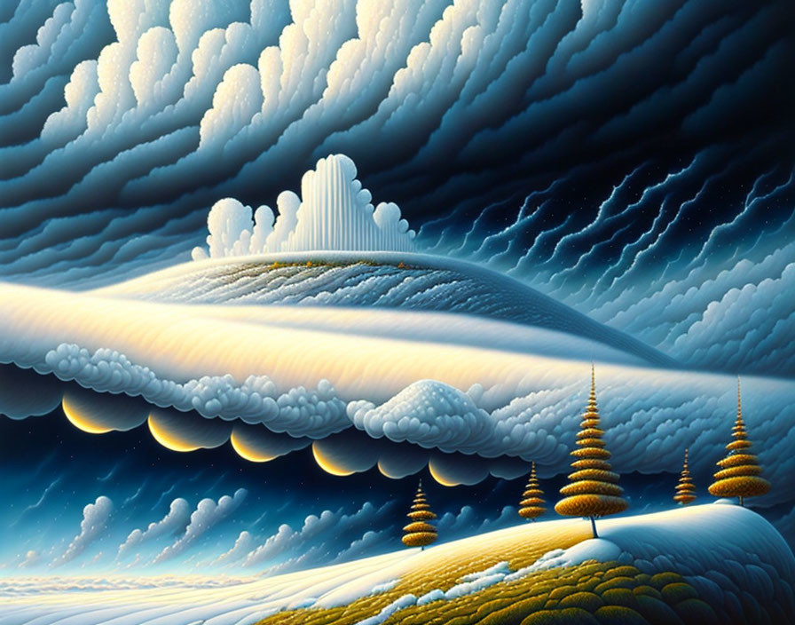 Surreal landscape with undulating clouds and golden spired structures