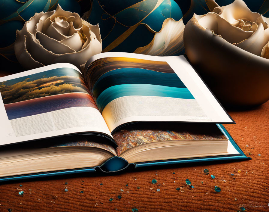 Open Book with Landscape Images on Wooden Surface and Decorative Spheres