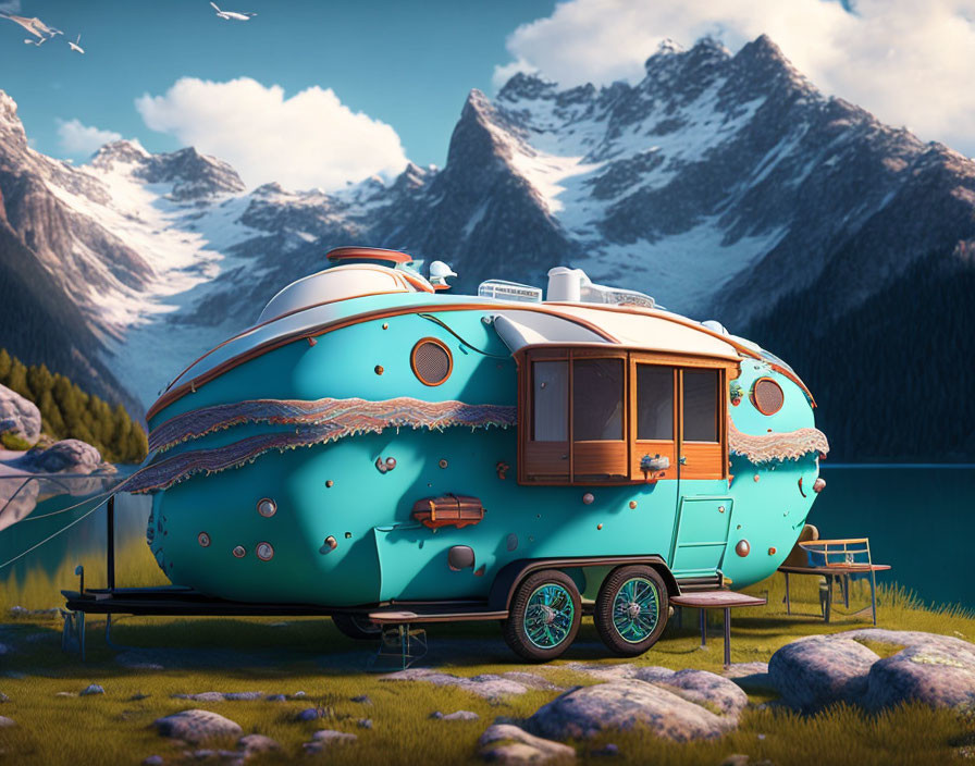 Vintage turquoise caravan by lake, mountains & forest