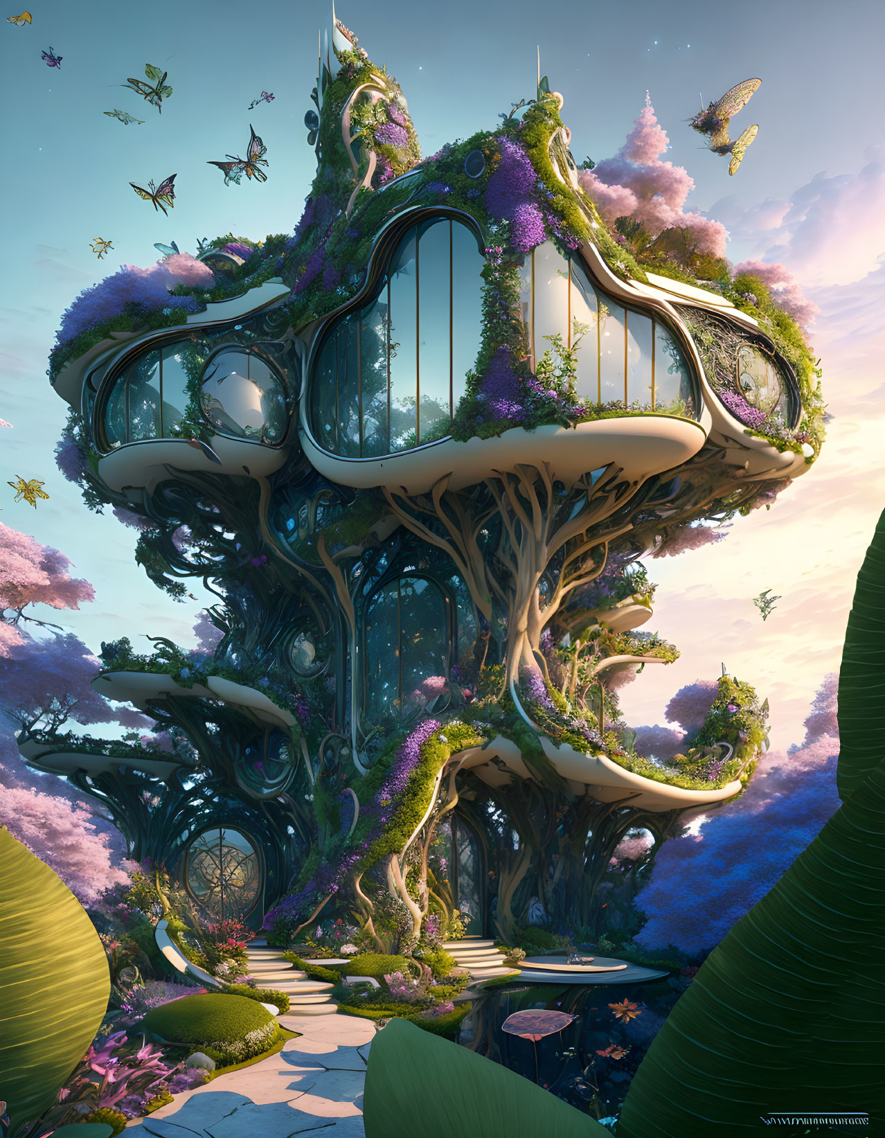 Whimsical treehouse with organic design, purple flowers, greenery, serene sky, butterflies