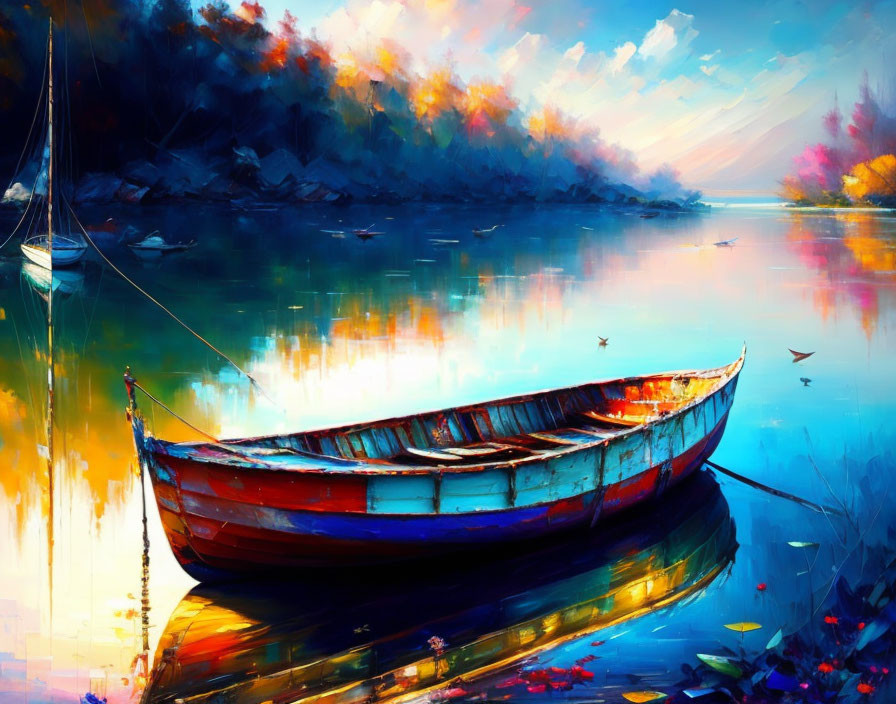 Colorful painting of tranquil river scene with boat and autumnal trees.