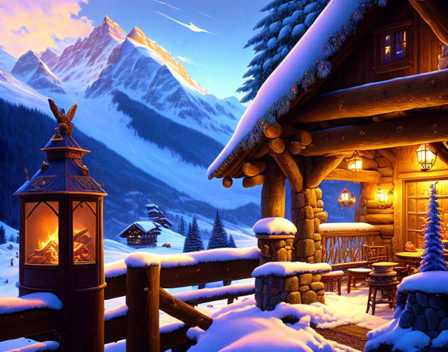 Snow-covered log cabin with lantern, glowing interior, and mountain backdrop at twilight