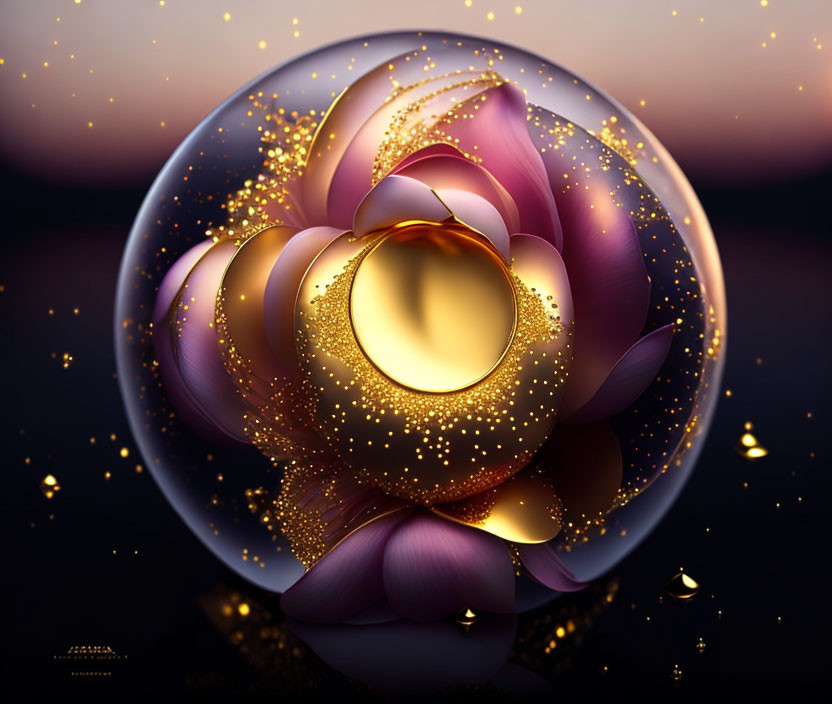 Glowing golden lotus flower in transparent sphere on dark background