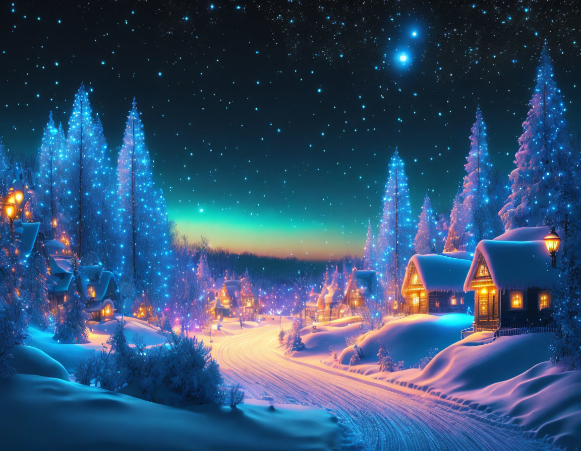 Snow-covered houses, illuminated trees, starry sky in magical winter night