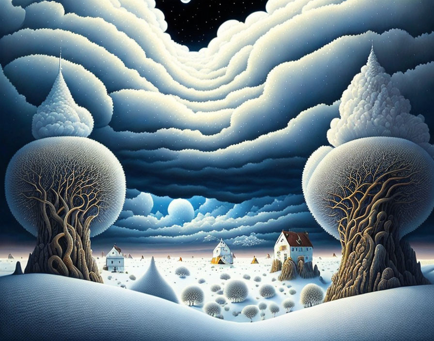 Surreal winter landscape with snow-covered trees and cozy houses