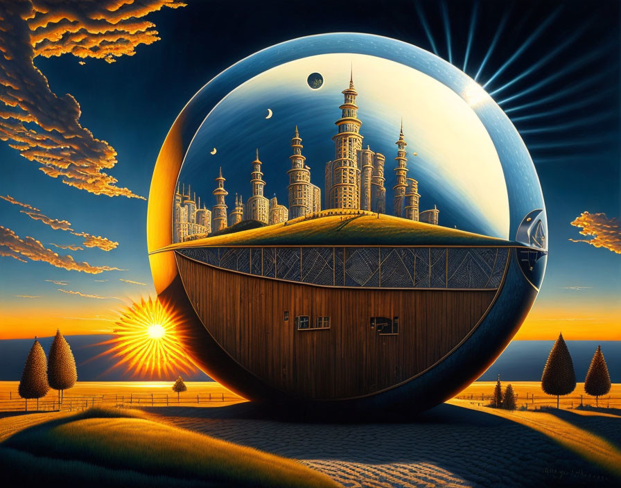 Surreal landscape: floating city above barn at sunset