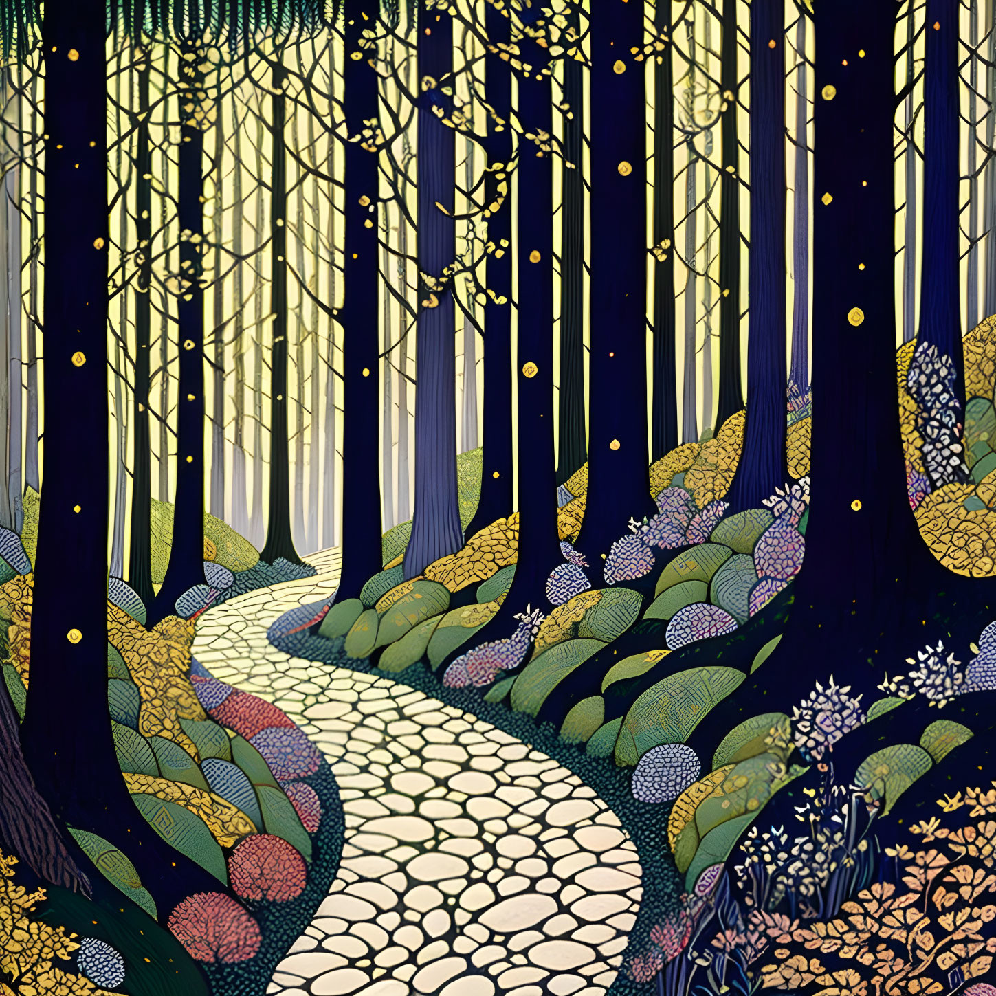 Whimsical forest illustration with cobblestone path