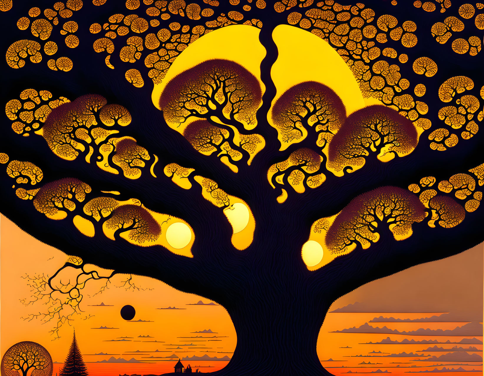 Stylized tree art with circular foliage in vibrant sunset landscape