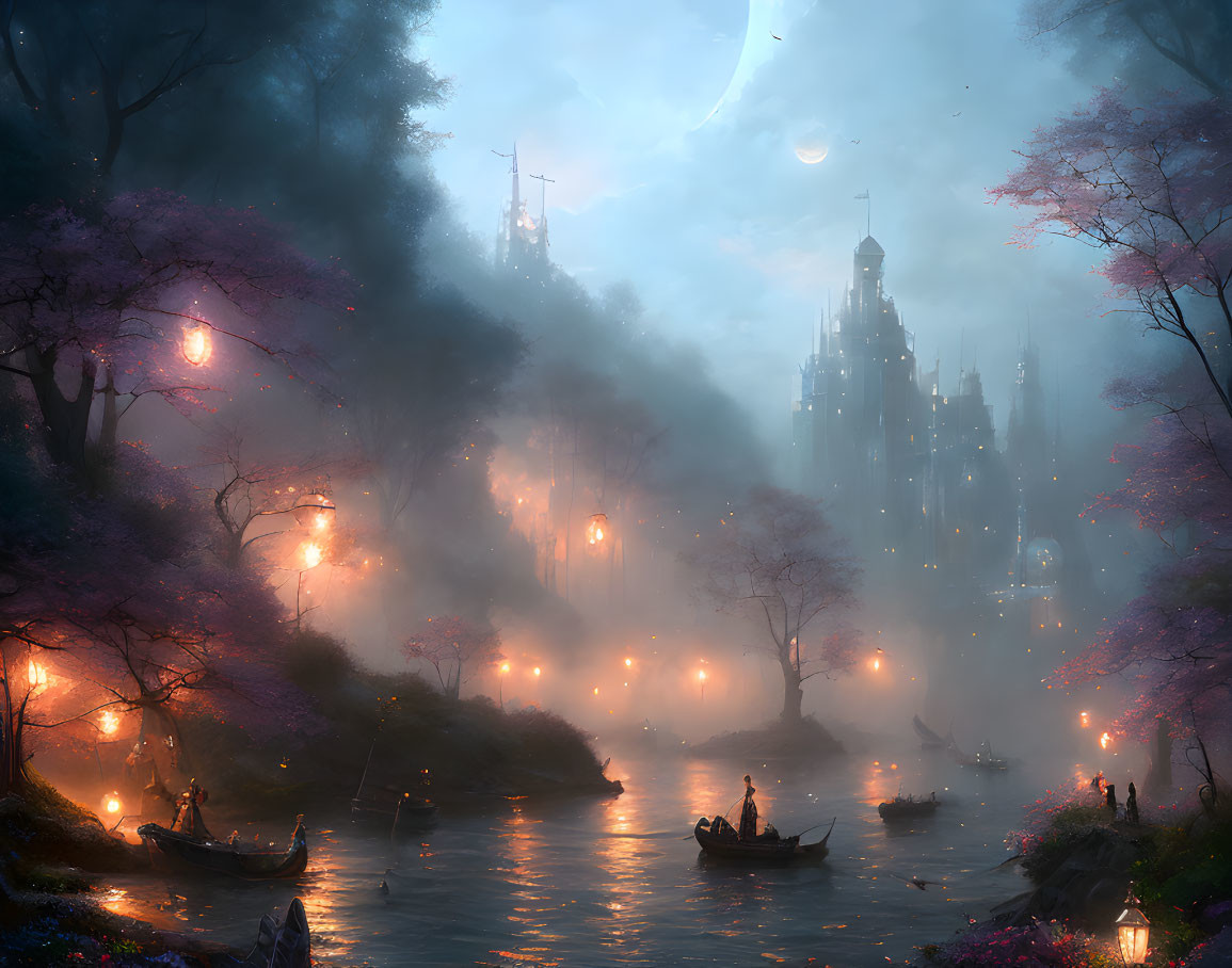 Ethereal fantasy landscape with glowing lanterns, pink trees, and mystical castle.