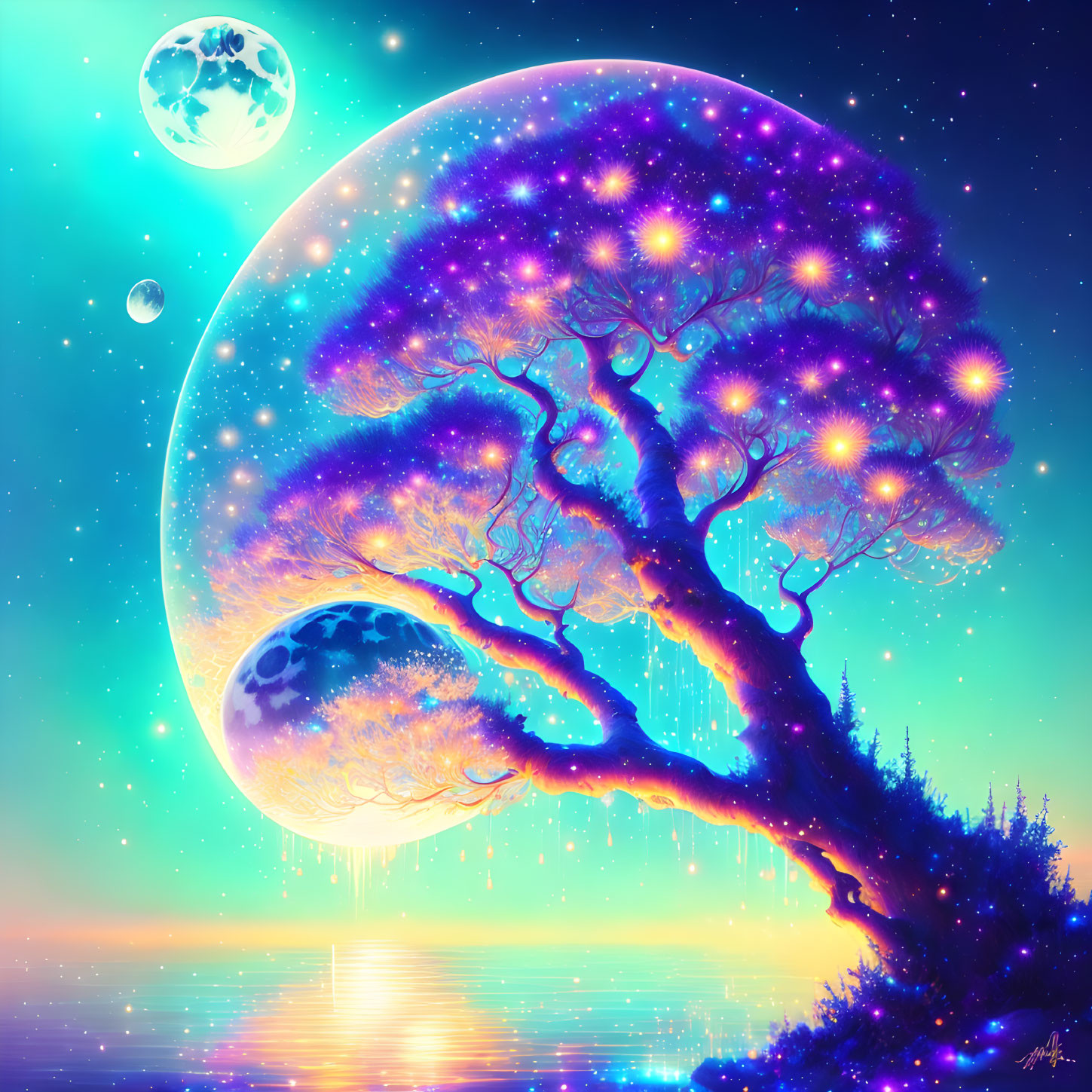 Vibrant digital artwork: Cosmic tree, moon, planet, starry sky reflected in water