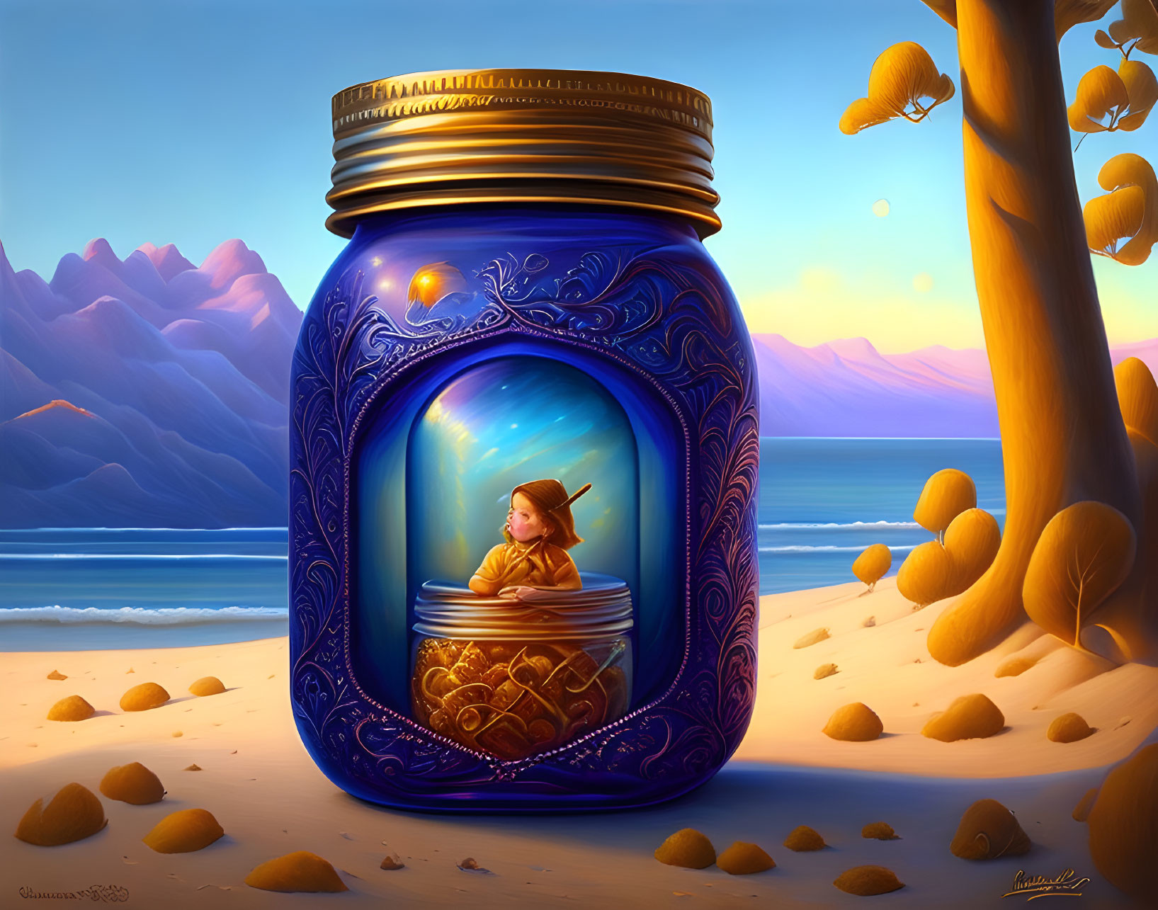 Whimsical digital painting of girl in blue jar on beach landscape