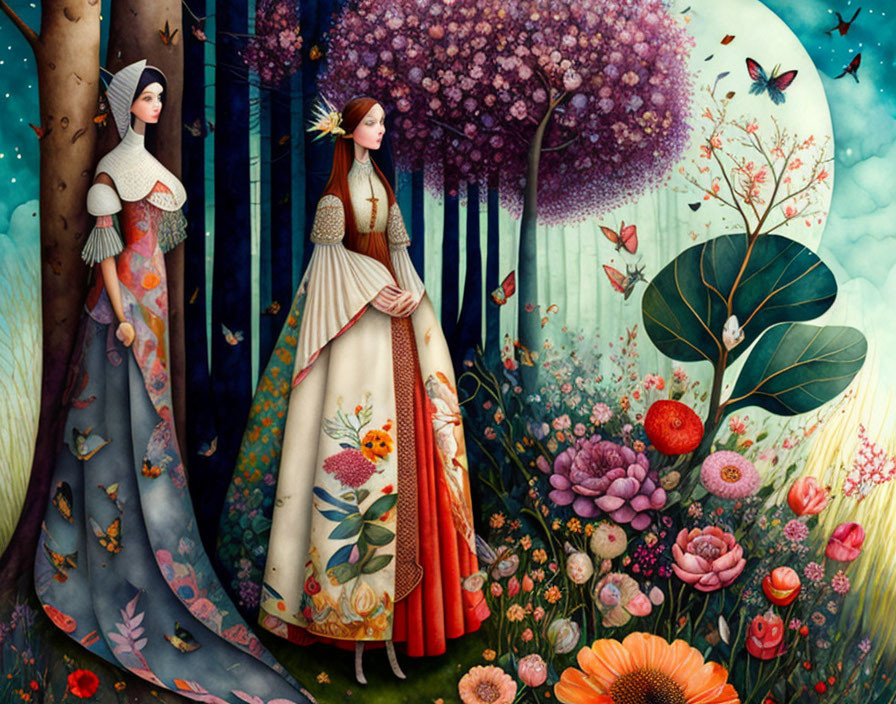 Illustration of two women in vintage dresses in a whimsical fantasy forest