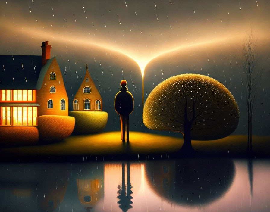 Surreal night scene: figure with lantern near glowing house, luminous tree, rain-streak