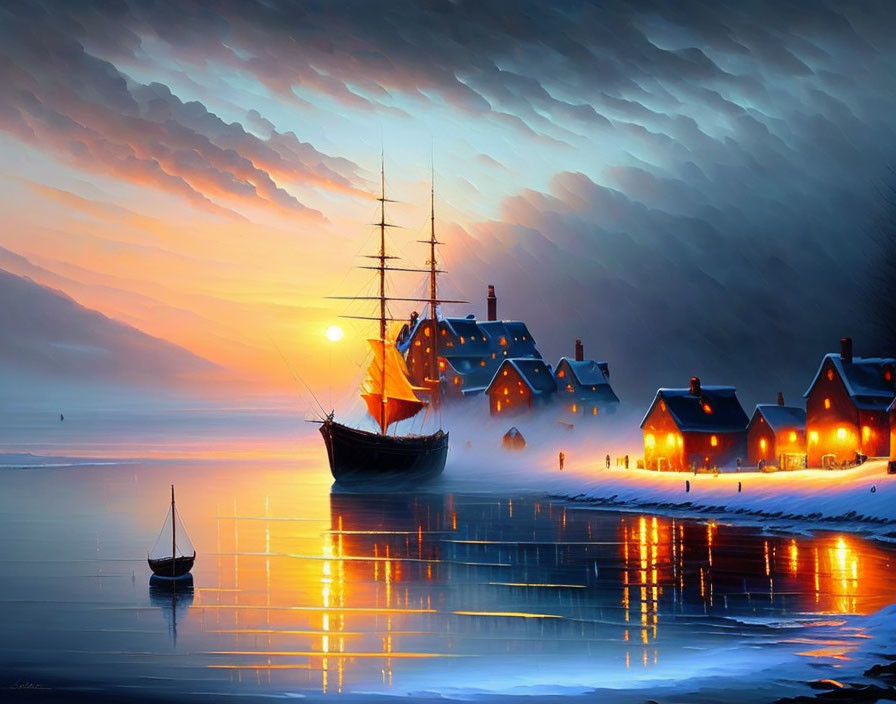 Coastal dusk scene with sailboat, smaller boat, and illuminated houses under dramatic sky