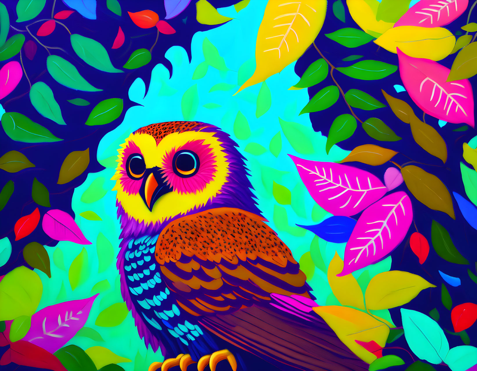 Colorful Owl Illustration in Rainbow Palette on Blue Background