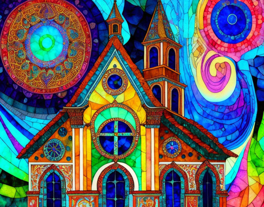 Colorful Church Illustration in Stained Glass Style